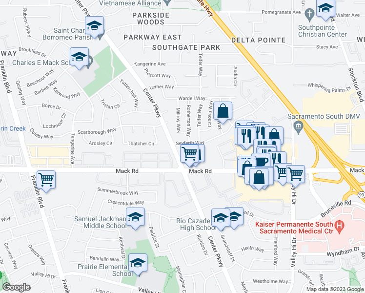 map of restaurants, bars, coffee shops, grocery stores, and more near 7728 Millroy Way in Sacramento