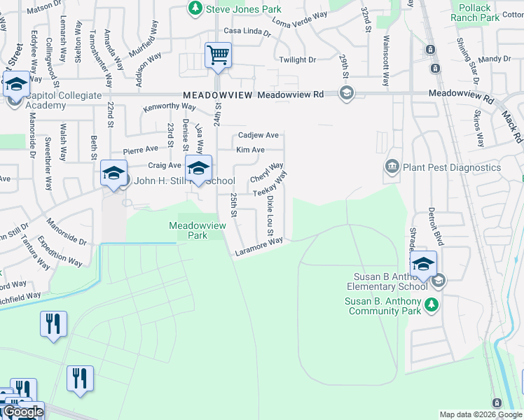map of restaurants, bars, coffee shops, grocery stores, and more near 7721 Teekay Way in Sacramento