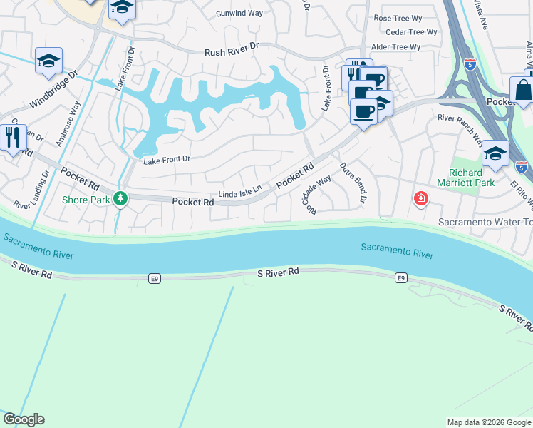 map of restaurants, bars, coffee shops, grocery stores, and more near 982 Glide Ferry Way in Sacramento