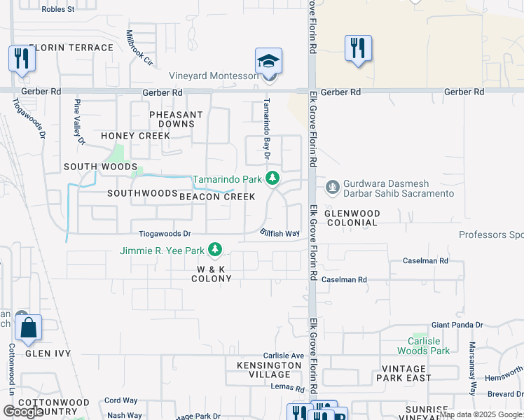 map of restaurants, bars, coffee shops, grocery stores, and more near 7758 Dolphinfish Way in Sacramento