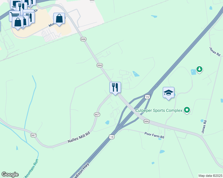 map of restaurants, bars, coffee shops, grocery stores, and more near 16165 Rogers Road in Culpeper