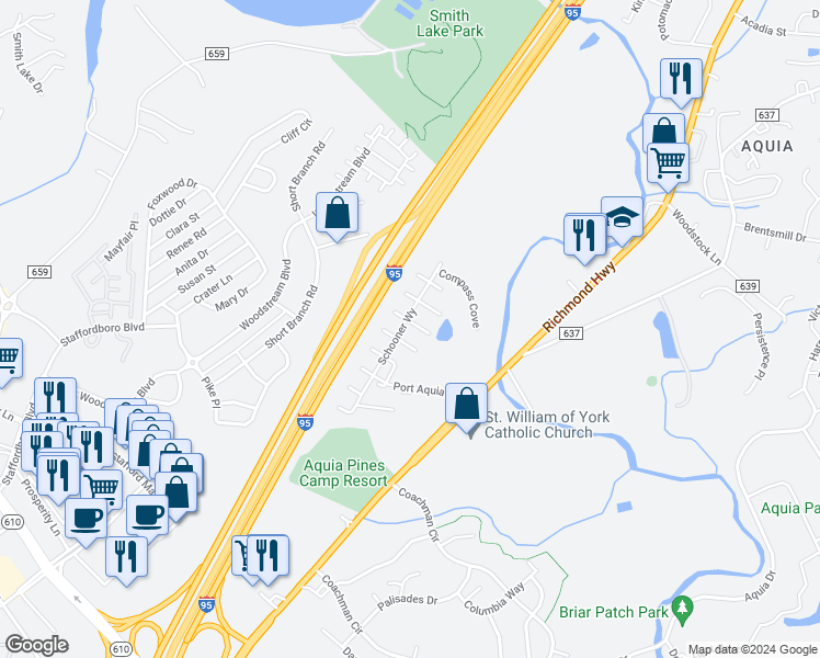 map of restaurants, bars, coffee shops, grocery stores, and more near 100 Windjammer Court in Stafford