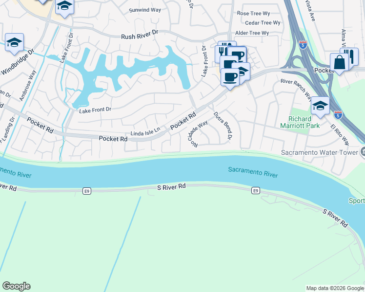 map of restaurants, bars, coffee shops, grocery stores, and more near 1011 Eileen Way in Sacramento