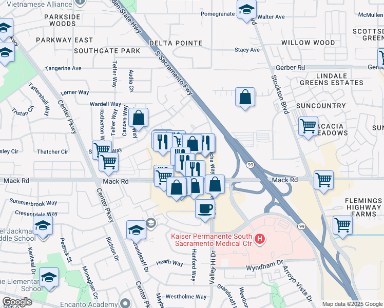 map of restaurants, bars, coffee shops, grocery stores, and more near 6481 Creek Centre Court in Sacramento
