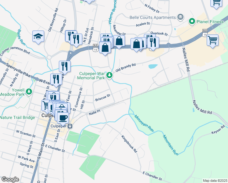 map of restaurants, bars, coffee shops, grocery stores, and more near 910 Briscoe Street in Culpeper