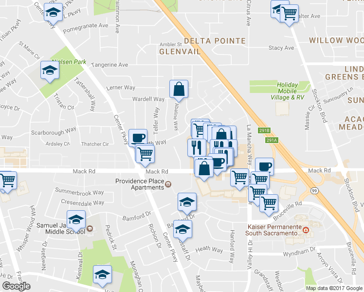 map of restaurants, bars, coffee shops, grocery stores, and more near 5943 Mack Road in Sacramento