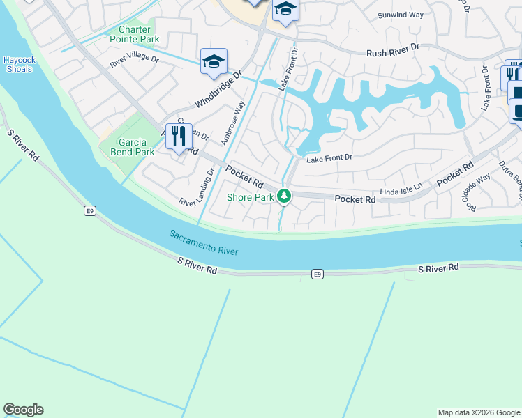 map of restaurants, bars, coffee shops, grocery stores, and more near 7952 Pocket Road in Sacramento