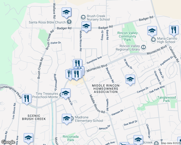 map of restaurants, bars, coffee shops, grocery stores, and more near 6600 Montecito Boulevard in Santa Rosa