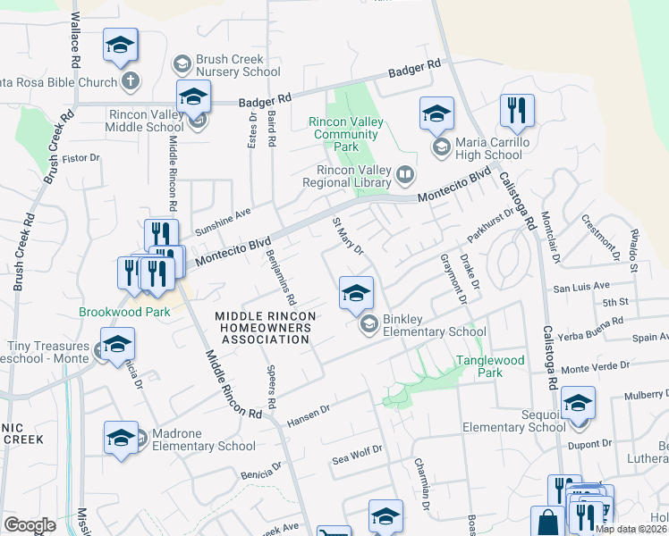 map of restaurants, bars, coffee shops, grocery stores, and more near 4923 Everglade Drive in Santa Rosa