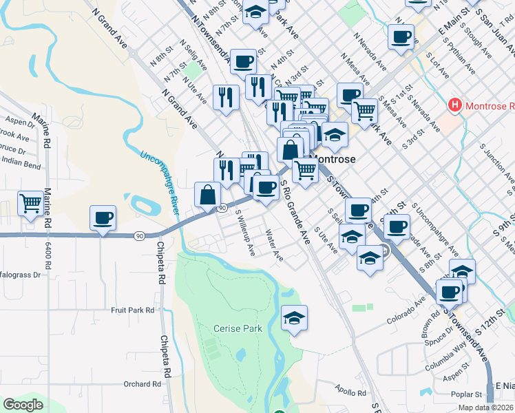 map of restaurants, bars, coffee shops, grocery stores, and more near 113 W Main St in Montrose