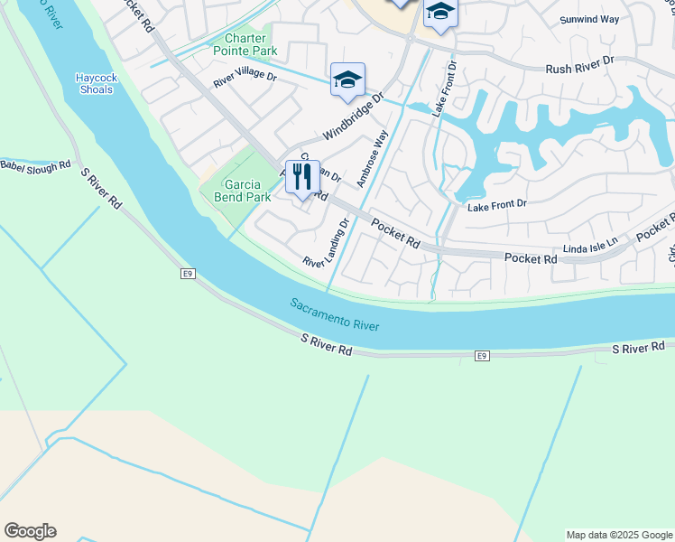 map of restaurants, bars, coffee shops, grocery stores, and more near 7735 River Landing Drive in Sacramento