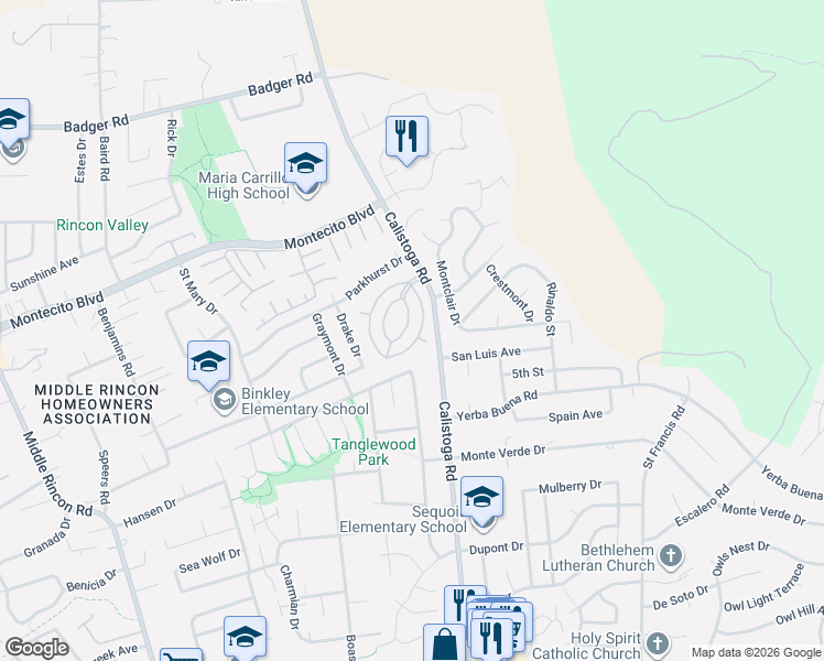 map of restaurants, bars, coffee shops, grocery stores, and more near 125 Coronado Circle in Santa Rosa