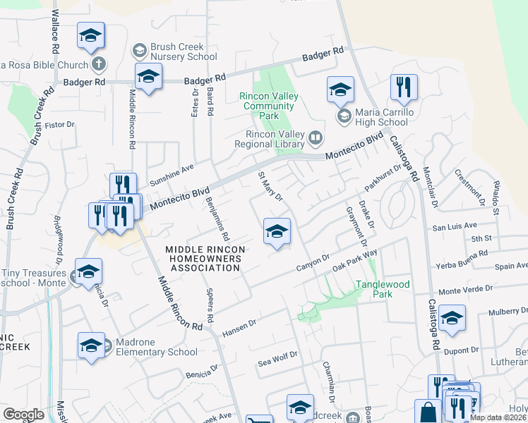 map of restaurants, bars, coffee shops, grocery stores, and more near 4951 Everglade Court in Santa Rosa