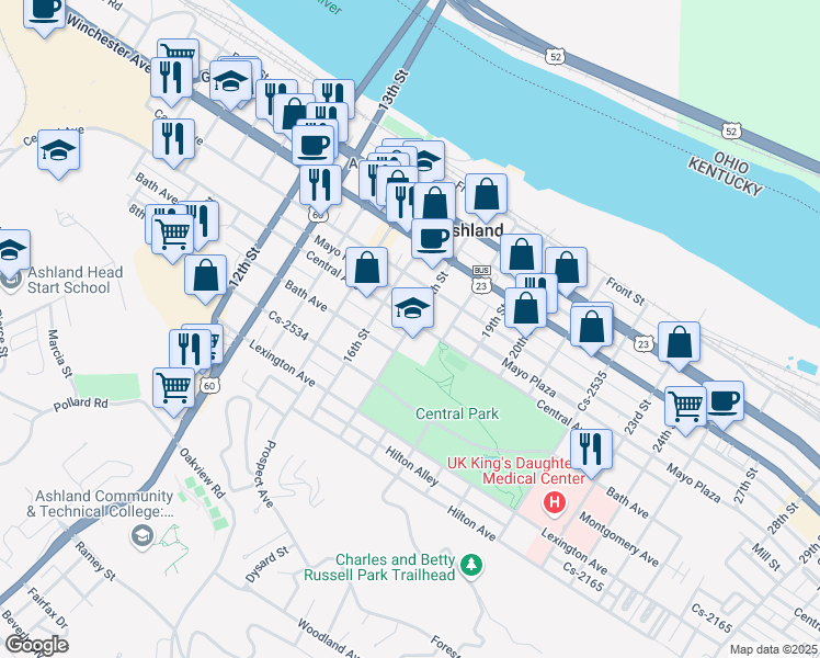 map of restaurants, bars, coffee shops, grocery stores, and more near 520 17th Street in Ashland
