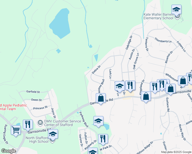 map of restaurants, bars, coffee shops, grocery stores, and more near 406 Roxanne Road in Stafford