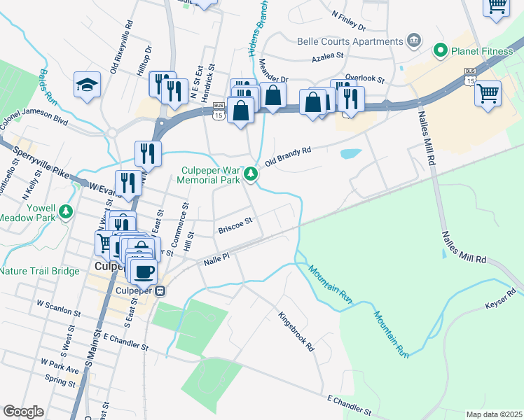 map of restaurants, bars, coffee shops, grocery stores, and more near 910 Briscoe Street in Culpeper