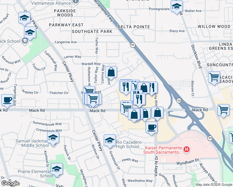 map of restaurants, bars, coffee shops, grocery stores, and more near 5940 Seyferth Way in Sacramento