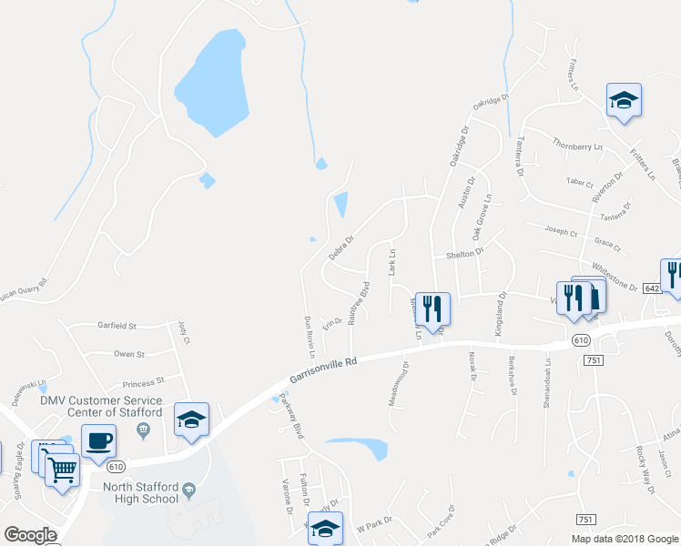 map of restaurants, bars, coffee shops, grocery stores, and more near 406 Roxanne Road in Stafford