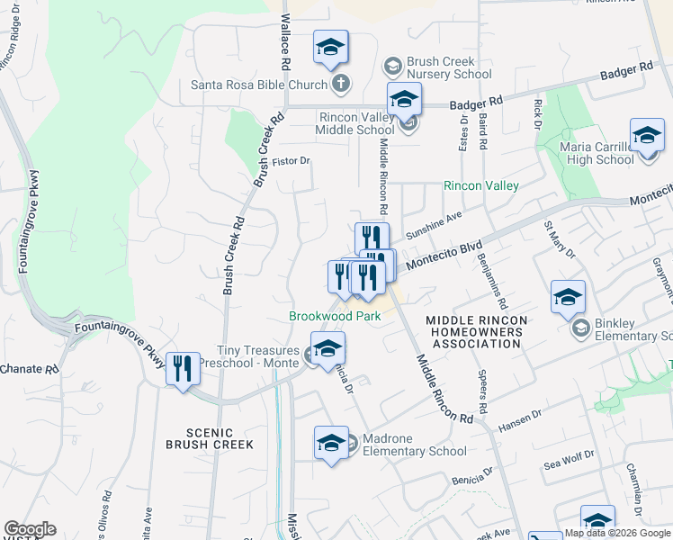 map of restaurants, bars, coffee shops, grocery stores, and more near 4730 Sunshine Avenue in Santa Rosa
