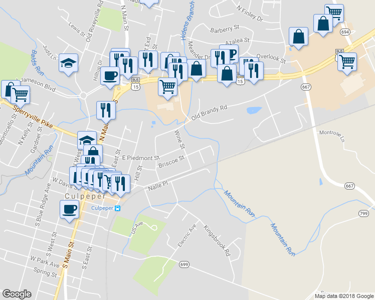 map of restaurants, bars, coffee shops, grocery stores, and more near 409 Wine Street in Culpeper