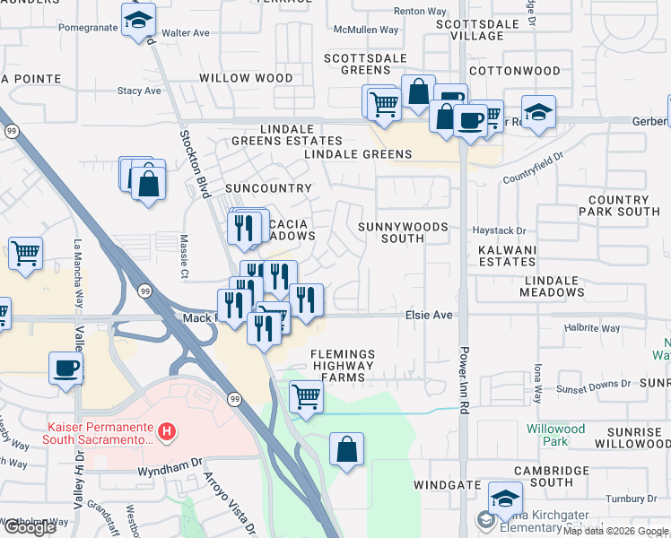 map of restaurants, bars, coffee shops, grocery stores, and more near 7782 La Fiesta Way in Sacramento