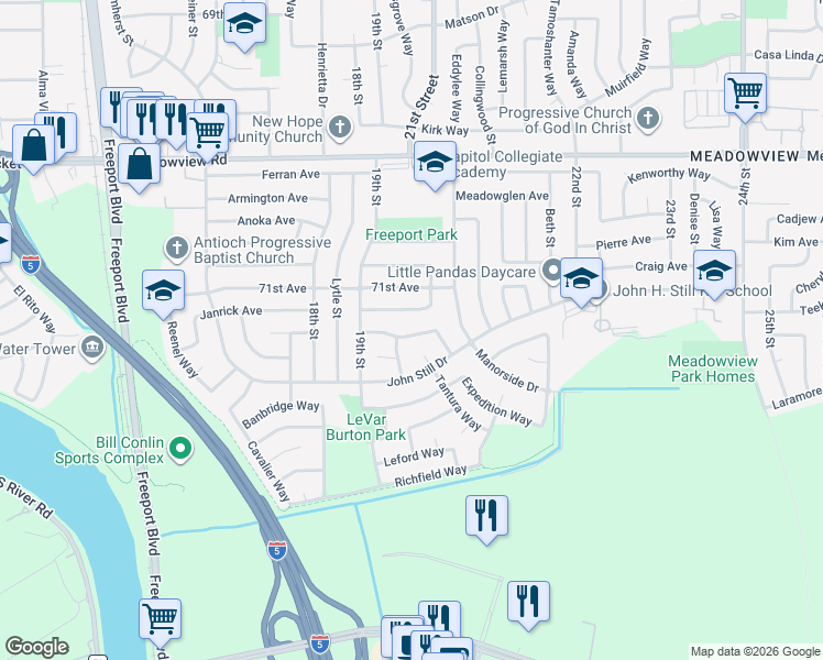 map of restaurants, bars, coffee shops, grocery stores, and more near 2051 Danvers Way in Sacramento