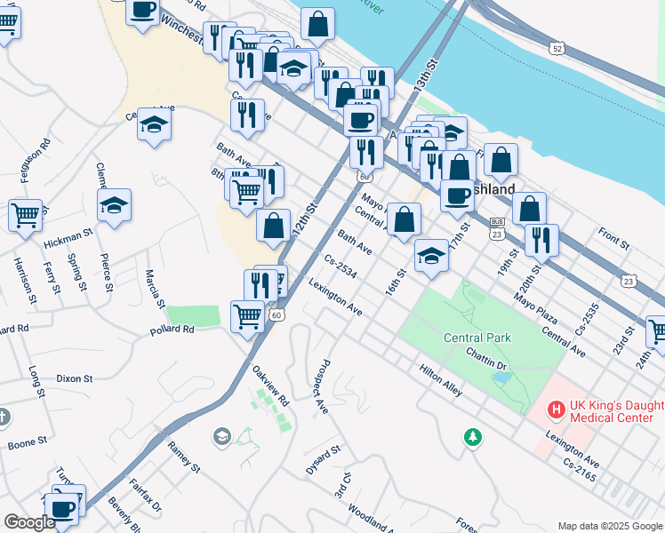 map of restaurants, bars, coffee shops, grocery stores, and more near 1301-1399 Montgomery Avenue in Ashland