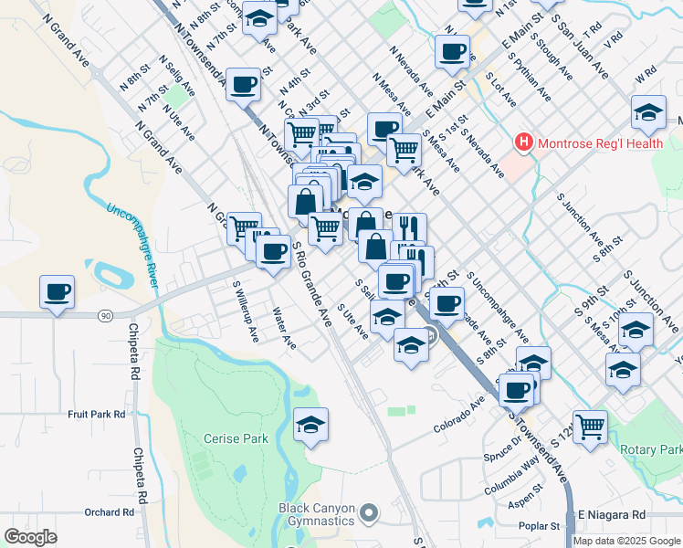 map of restaurants, bars, coffee shops, grocery stores, and more near 144 South 2nd Street in Montrose
