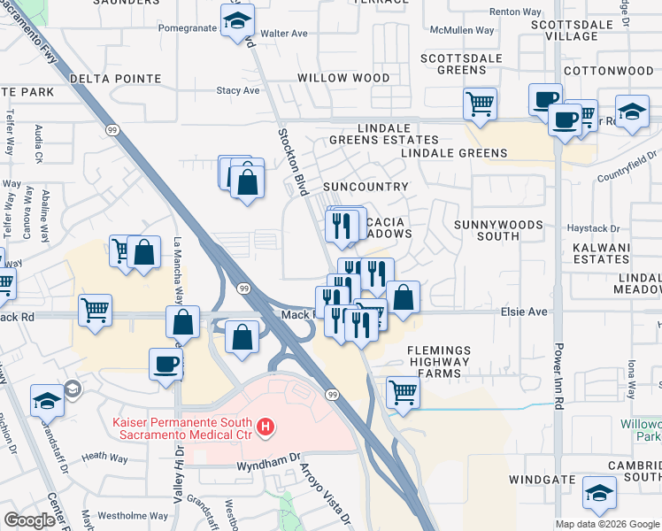 map of restaurants, bars, coffee shops, grocery stores, and more near 7712 Stockton Boulevard in Sacramento