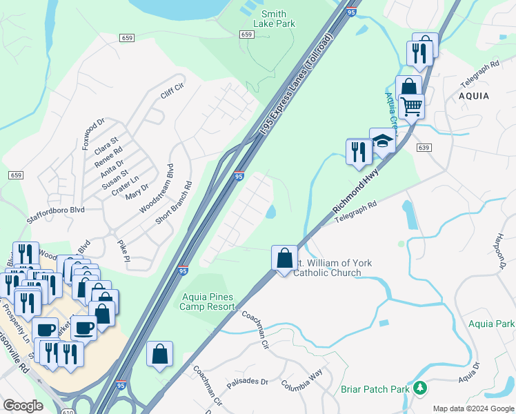 map of restaurants, bars, coffee shops, grocery stores, and more near 109 Windjammer Court in Stafford Courthouse