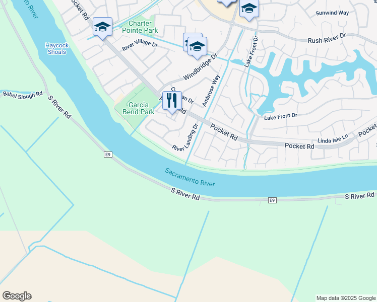 map of restaurants, bars, coffee shops, grocery stores, and more near 7735 River Landing Drive in Sacramento