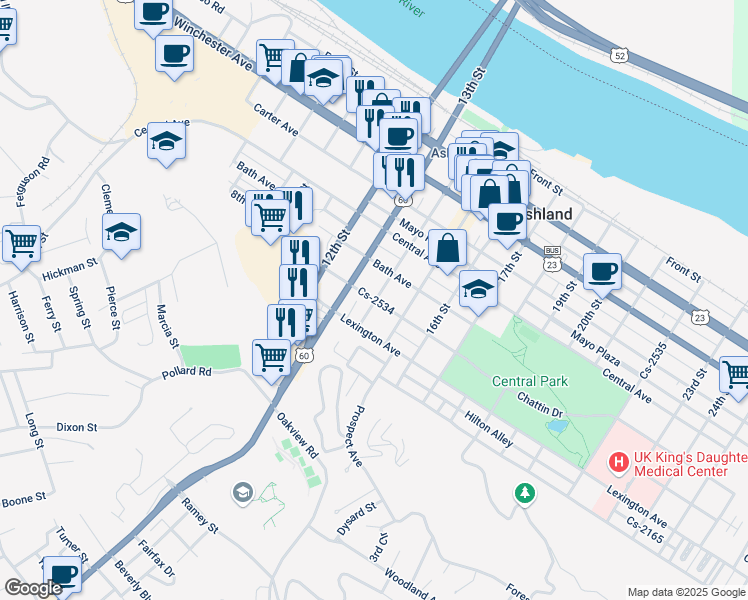 map of restaurants, bars, coffee shops, grocery stores, and more near 1399 Montgomery Ave in Ashland