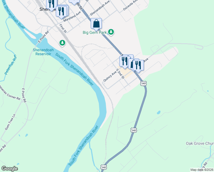 map of restaurants, bars, coffee shops, grocery stores, and more near 104 Pulaski Avenue in Shenandoah