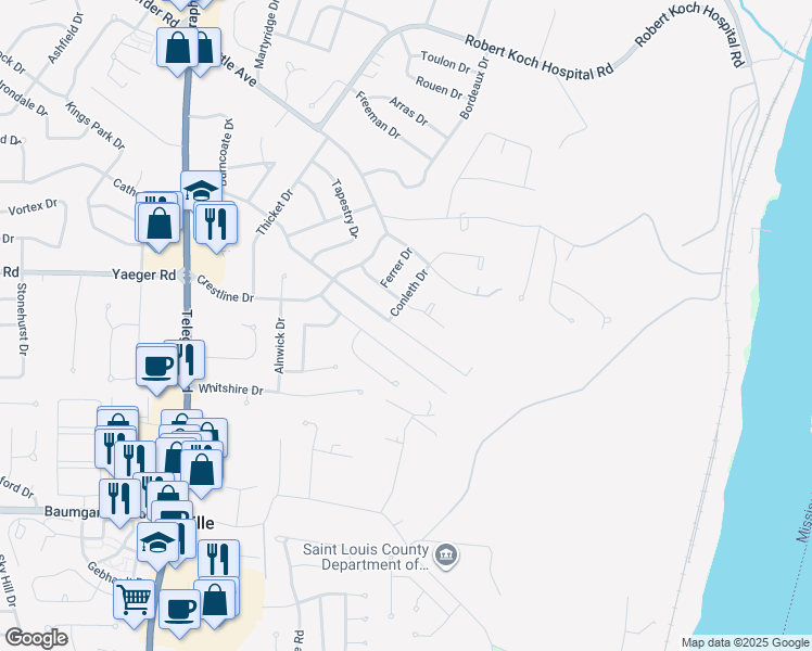 map of restaurants, bars, coffee shops, grocery stores, and more near 410 Rockview Drive in St. Louis