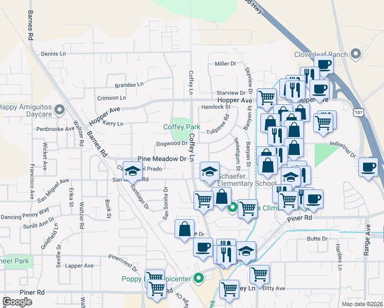 map of restaurants, bars, coffee shops, grocery stores, and more near Coffey Lane & Berwick Court in Santa Rosa