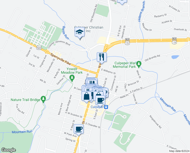 map of restaurants, bars, coffee shops, grocery stores, and more near 502 North Main Street in Culpeper
