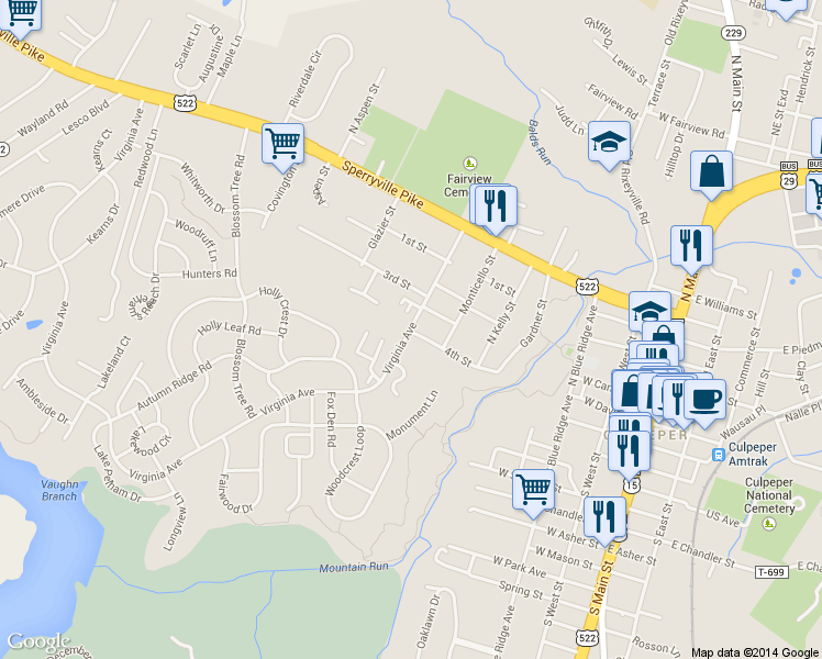 map of restaurants, bars, coffee shops, grocery stores, and more near 207 Virginia Ave in Culpeper