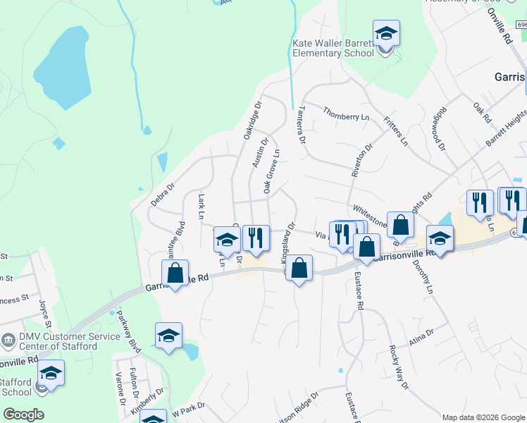 map of restaurants, bars, coffee shops, grocery stores, and more near 1 Archwood Circle in Stafford
