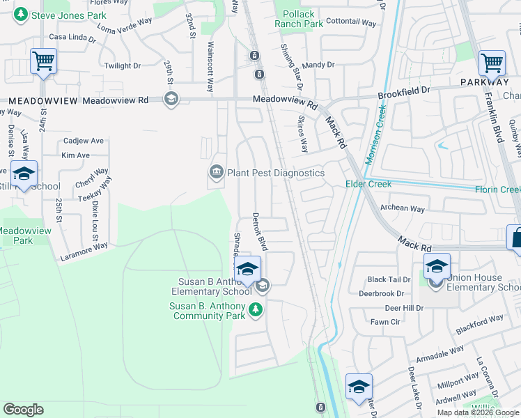 map of restaurants, bars, coffee shops, grocery stores, and more near 7747 Detroit Boulevard in Sacramento