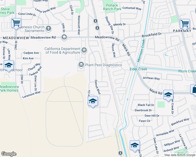 map of restaurants, bars, coffee shops, grocery stores, and more near 7759 Detroit Boulevard in Sacramento