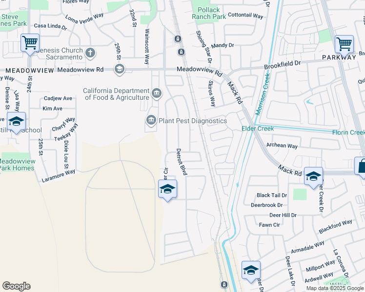 map of restaurants, bars, coffee shops, grocery stores, and more near 7759 Detroit Boulevard in Sacramento