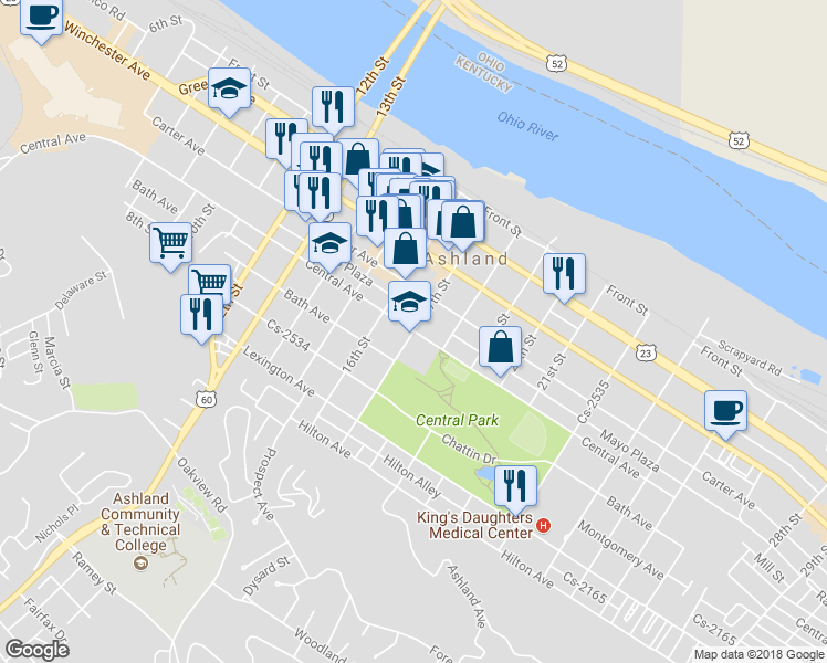 map of restaurants, bars, coffee shops, grocery stores, and more near 17th Street in Ashland