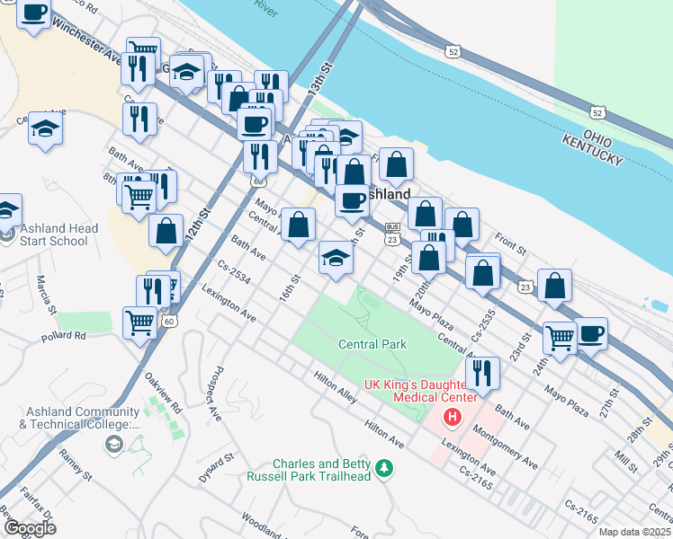 map of restaurants, bars, coffee shops, grocery stores, and more near 17th Street in Ashland