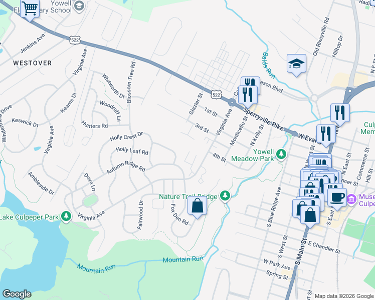 map of restaurants, bars, coffee shops, grocery stores, and more near 853 Gallows Court in Culpeper