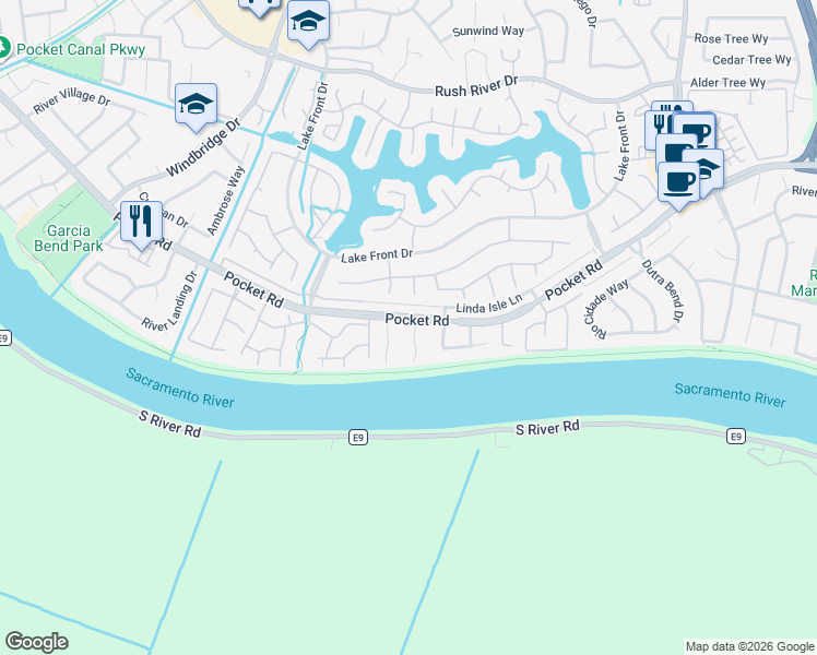 map of restaurants, bars, coffee shops, grocery stores, and more near 2 Rivershore Court in Sacramento