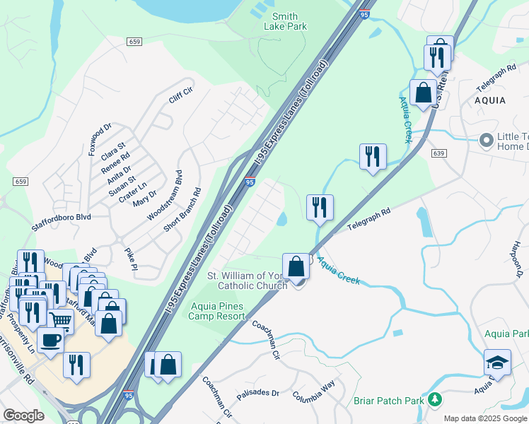 map of restaurants, bars, coffee shops, grocery stores, and more near 103 Windjammer Court in Stafford