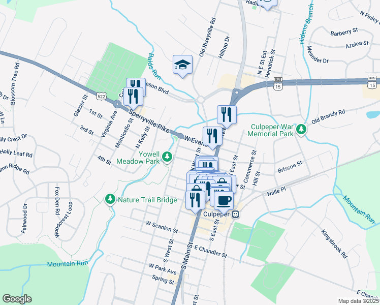 map of restaurants, bars, coffee shops, grocery stores, and more near 310 East Piedmont Street in Culpeper