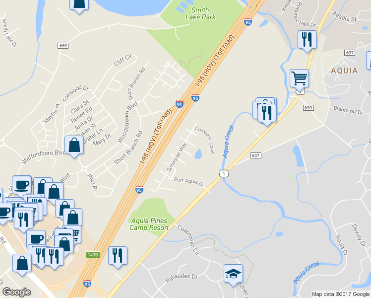 map of restaurants, bars, coffee shops, grocery stores, and more near 101 Windjammer Court in Stafford