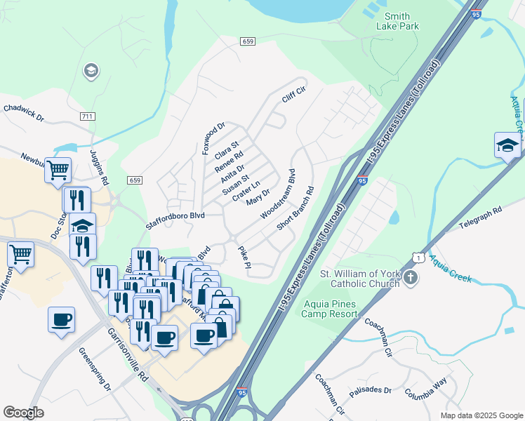 map of restaurants, bars, coffee shops, grocery stores, and more near 195 Woodstream Boulevard in Stafford