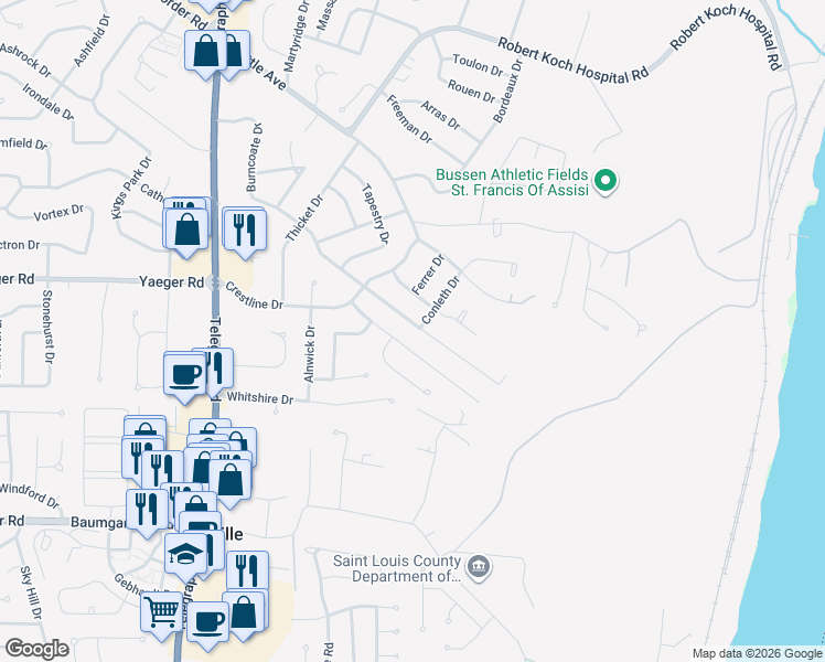 map of restaurants, bars, coffee shops, grocery stores, and more near 342 Burncoate Drive in St. Louis